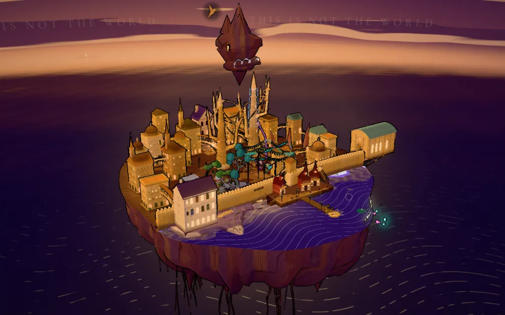 Elysicester at dusk: a floating piece of golden city on a striated rock, spires and bridges climbing toward a mountain that hangs in the sky, the sea breaking silver and violet against its golden bricking; far below, the Elysian Sea, and banks of cloud along the horizon.